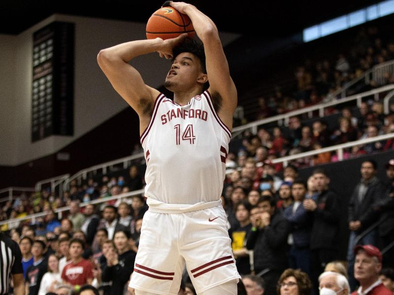 Feb 26, 2023; Stanford, California, USA; Stanford Cardinal forward Spencer Jones (14) takes a 3-point attempt against the Washington Huskies during the first half at Maples Pavilion. Mandatory Credit: D. Ross Cameron-USA TODAY Sports