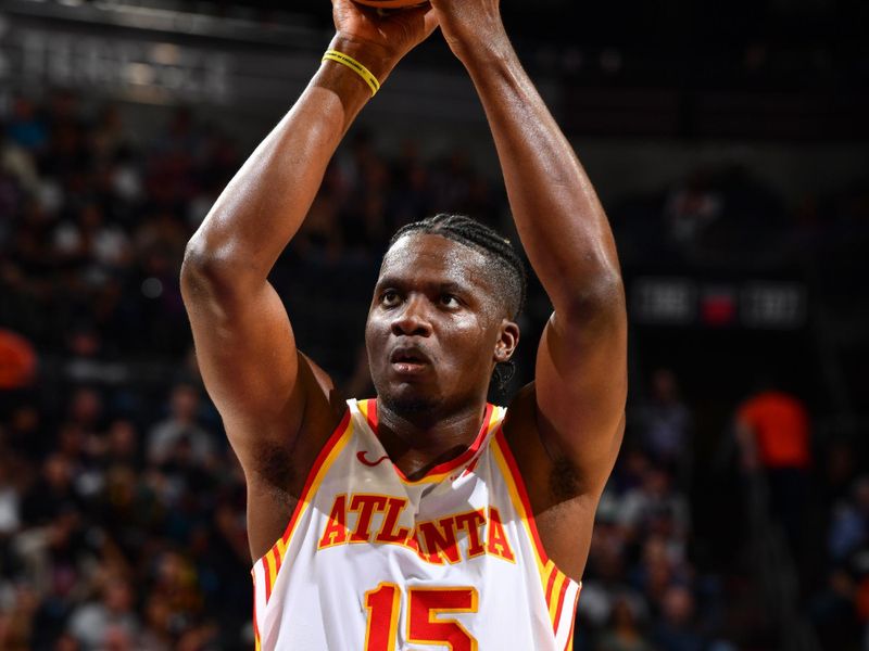 PHOENIX, AZ - MARCH 21:  Clint Capela #15 of the Atlanta Hawks shoots a free throw during the game on March 21, 2024 at Footprint Center in Phoenix, Arizona. NOTE TO USER: User expressly acknowledges and agrees that, by downloading and or using this photograph, user is consenting to the terms and conditions of the Getty Images License Agreement. Mandatory Copyright Notice: Copyright 2024 NBAE (Photo by Barry Gossage/NBAE via Getty Images)