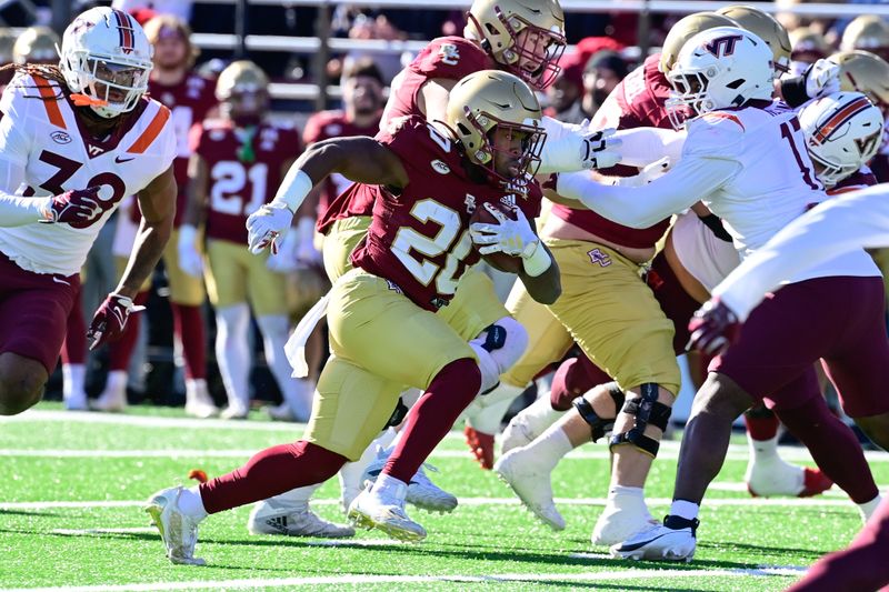 Nov 11, 2023; Chestnut Hill, Massachusetts, USA; Boston College Eagles running back Alex Broome (20) runs the ball against the Virginia Tech Hokies during the first half at Alumni Stadium. Mandatory Credit: Eric Canha-USA TODAY Sports