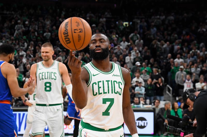BOSTON, MA - MAY 5: Jaylen Brown #7 of the Boston Celtics spins the ball on his finger before the game against the New York Knicks during Round Two Game One of the 2025 NBA Playoffs on May 5, 2025 at TD Garden in Boston, Massachusetts. NOTE TO USER: User expressly acknowledges and agrees that, by downloading and/or using this Photograph, user is consenting to the terms and conditions of the Getty Images License Agreement. Mandatory Copyright Notice: Copyright 2025 NBAE (Photo by Brian Babineau/NBAE via Getty Images)