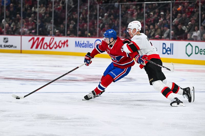 Oct 12, 2024; Montreal, Quebec, CAN; Montreal Canadiens defenseman Lane Hutson (48) plays the puck against Ottawa Senators left wing Brady Tkachuk (7) during the third period at Bell Centre. Mandatory Credit: David Kirouac-Imagn Images