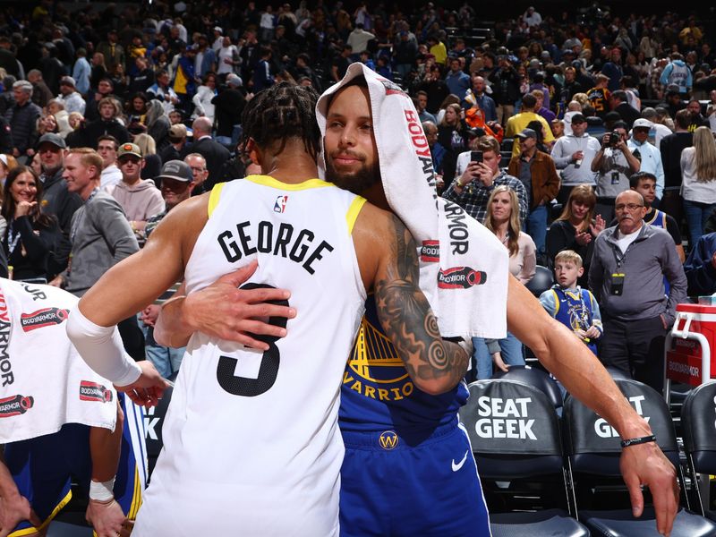 SALT LAKE CITY, UT - FEBRUARY 15: Stephen Curry #30 of the Golden State Warriors embraces Keyonte George #3 of the Utah Jazz after the game on February 15, 2024 at Delta Center in Salt Lake City, Utah. NOTE TO USER: User expressly acknowledges and agrees that, by downloading and or using this Photograph, User is consenting to the terms and conditions of the Getty Images License Agreement. Mandatory Copyright Notice: Copyright 2024 NBAE (Photo by Melissa Majchrzak/NBAE via Getty Images)