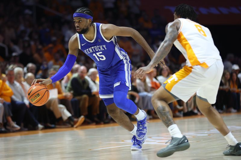 Jan 28, 2025; Knoxville, Tennessee, USA; Kentucky Wildcats forward Ansley Almonor (15) moves the ball against the Tennessee Volunteers during the second half at Thompson-Boling Arena at Food City Center. Mandatory Credit: Randy Sartin-Imagn Images