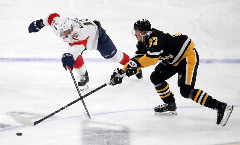 Dec 3, 2024; Pittsburgh, Pennsylvania, USA;  Pittsburgh Penguins right wing Rickard Rakell (67) reaches for the puck against Florida Panthers center Evan Rodrigues (17) during the first period at PPG Paints Arena. Mandatory Credit: Charles LeClaire-Imagn Images