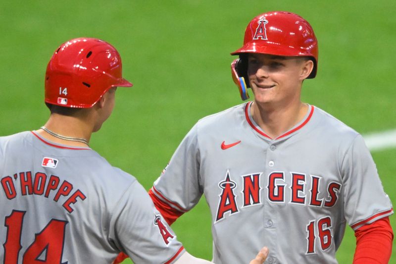 May 3, 2024; Cleveland, Ohio, USA; Los Angeles Angels center fielder Mickey Moniak (16) celebrates his two-run home run with catcher Logan O'Hoppe (14) in the fourth inning against the Cleveland Guardians at Progressive Field. Mandatory Credit: David Richard-USA TODAY Sports