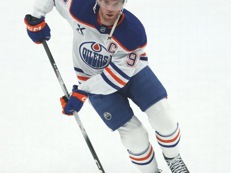 Dec 16, 2025; Pittsburgh, Pennsylvania, USA;  Edmonton Oilers center Connor McDavid (97) warms up before the game against the Pittsburgh Penguins at PPG Paints Arena. Mandatory Credit: Charles LeClaire-Imagn Images