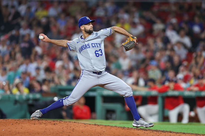 Jul 12, 2024; Boston, Massachusetts, USA; Kansas City Royals relief pitcher Nick Anderson (63) delivers a pitch during the ninth inning against the Boston Red Sox at Fenway Park. Mandatory Credit: Paul Rutherford-USA TODAY Sports