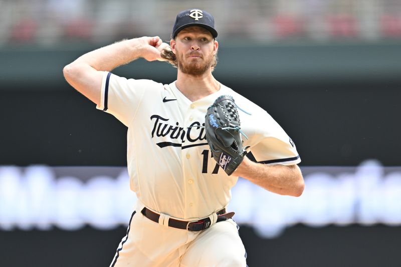 Aug 27, 2023; Minneapolis, Minnesota, USA; Minnesota Twins starting pitcher Bailey Ober (17) throws a pitch against the Texas Rangers during the first inning at Target Field. Mandatory Credit: Jeffrey Becker-USA TODAY Sports