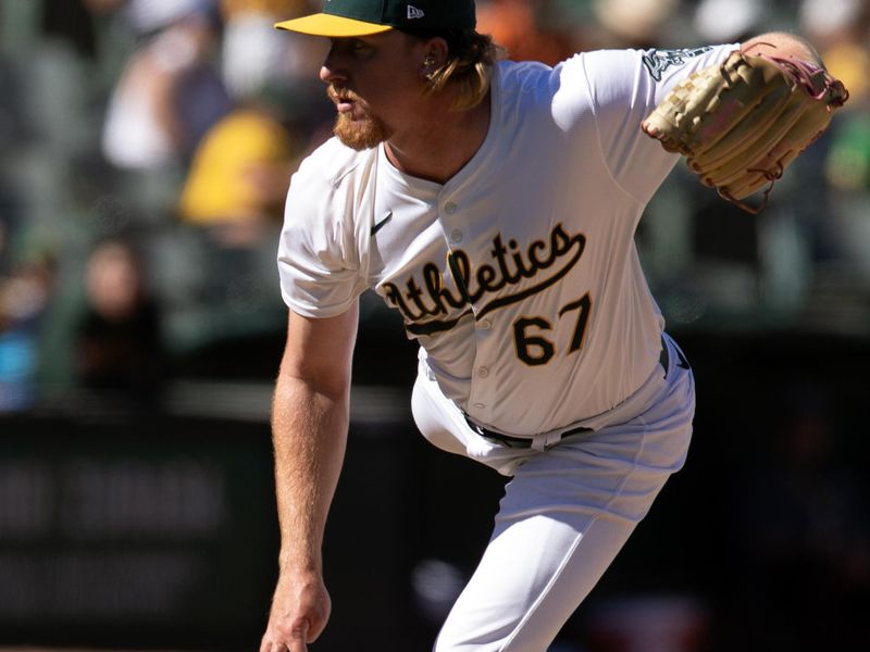 Sep 8, 2024; Oakland, California, USA; Oakland Athletics pitcher Grant Holman (67) follows through on a pitch against the Detroit Tigers during the eighth inning at Oakland-Alameda County Coliseum. Mandatory Credit: D. Ross Cameron-Imagn Images