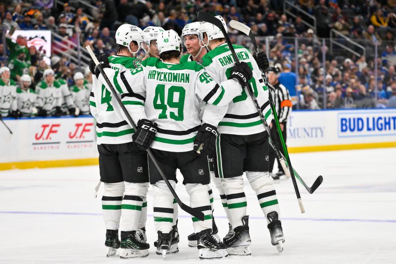 Jan 27, 2026; St. Louis, Missouri, USA; Dallas Stars defenseman Thomas Harley (55) is congratulated by teammates after scoring the game winning goal against the St. Louis Blues during the third period at Enterprise Center. Mandatory Credit: Jeff Curry-Imagn Images