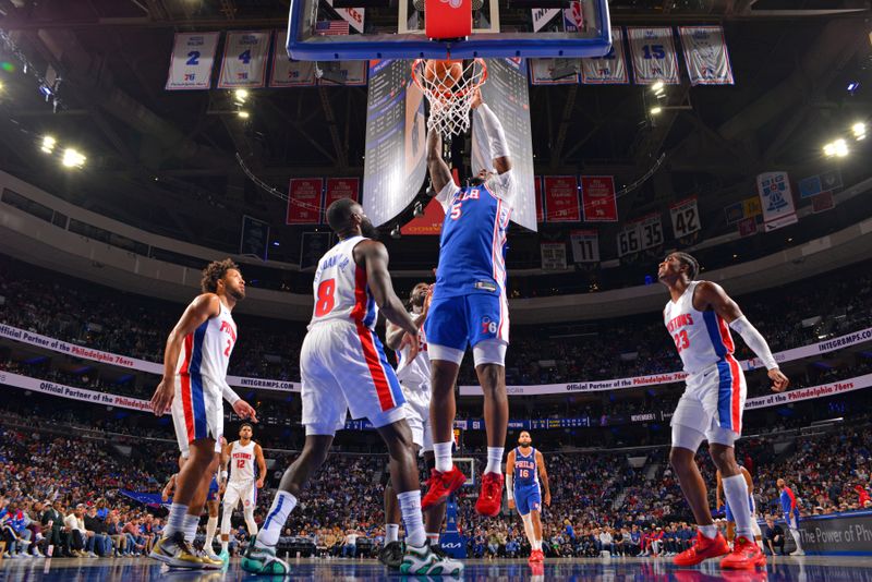 PHILADELPHIA, PA - OCTOBER 30: Andre Drummond #5 of the Philadelphia 76ers dunks the ball during the game against the Detroit Pistons on October 30, 2024 at the Wells Fargo Center in Philadelphia, Pennsylvania NOTE TO USER: User expressly acknowledges and agrees that, by downloading and/or using this Photograph, user is consenting to the terms and conditions of the Getty Images License Agreement. Mandatory Copyright Notice: Copyright 2024 NBAE (Photo by Jesse D. Garrabrant/NBAE via Getty Images)