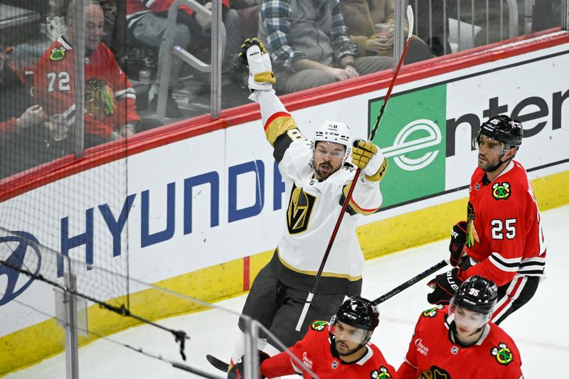 Jan 18, 2025; Chicago, Illinois, USA; Vegas Golden Knights right wing Mark Stone (61) celebrates after a play during the second period agsont the Chicago Blackhawks at United Center. Mandatory Credit: Matt Marton-Imagn Images