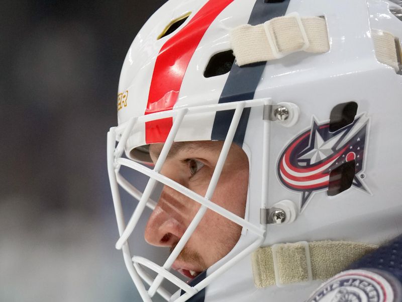 Mar 3, 2023; Columbus, Ohio, USA; Columbus Blue Jackets goaltender Michael Hutchinson (31) looks on during warm-ups prior to the game against the Seattle Kraken at Nationwide Arena. Mandatory Credit: Jason Mowry-USA TODAY Sports