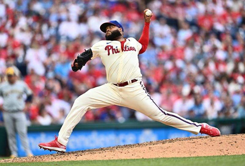 Jun 5, 2024; Philadelphia, Pennsylvania, USA; Philadelphia Phillies relief pitcher Jose Alvarado (46) throws a pitch against the Milwaukee Brewers in the ninth inning at Citizens Bank Park. Mandatory Credit: Kyle Ross-USA TODAY Sports