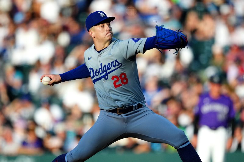 Jun 19, 2024; Denver, Colorado, USA; Los Angeles Dodgers starting pitcher Bobby Miller (28) delivers a pitch in the fourth inning against the Colorado Rockies at Coors Field. Mandatory Credit: Ron Chenoy-USA TODAY Sports