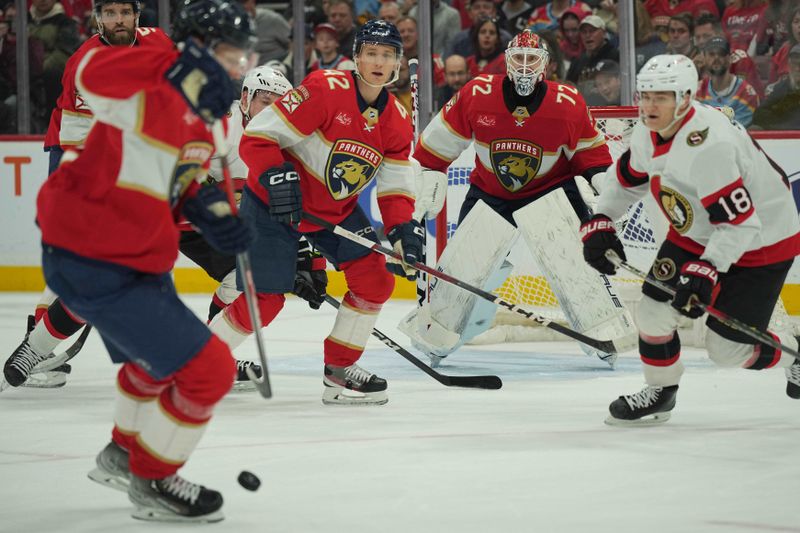 Feb 20, 2024; Sunrise, Florida, USA; Florida Panthers goaltender Sergei Bobrovsky (72) watches the puck leave the crease against the Ottawa Senators during the first period at Amerant Bank Arena. Mandatory Credit: Jim Rassol-USA TODAY Sports