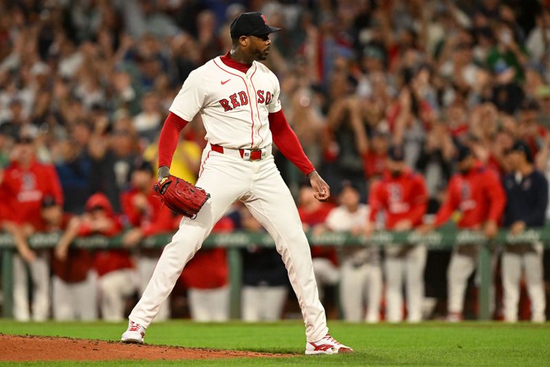 Sep 14, 2025; Boston, Massachusetts, USA;  Boston Red Sox relief pitcher Aroldis Chapman (44) reacts after a game against the New York Yankees at Fenway Park. Mandatory Credit: Brian Fluharty-Imagn Images