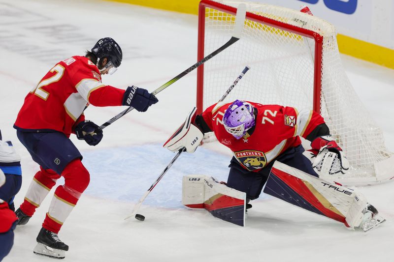 Nov 24, 2023; Sunrise, Florida, USA; Florida Panthers goaltender Sergei Bobrovsky (72) makes a save against the Winnipeg Jets during the third period at Amerant Bank Arena. Mandatory Credit: Sam Navarro-USA TODAY Sports