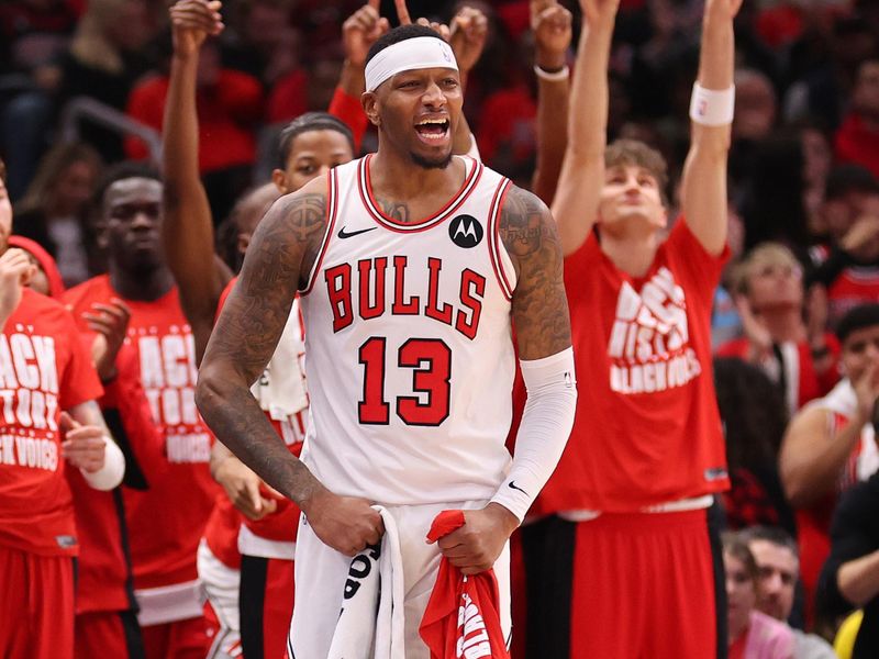 CHICAGO, ILLINOIS - FEBRUARY 06: Torrey Craig #13 of the Chicago Bulls celebrates against the Minnesota Timberwolves during the second half at the United Center on February 06, 2024 in Chicago, Illinois. NOTE TO USER: User expressly acknowledges and agrees that, by downloading and or using this photograph, User is consenting to the terms and conditions of the Getty Images License Agreement.  (Photo by Michael Reaves/Getty Images)