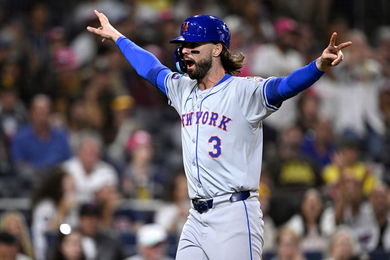 Aug 22, 2024; San Diego, California, USA; New York Mets designated hitter Jesse Winker (3) celebrates after scoring a run against the San Diego Padres during the ninth inning at Petco Park. Mandatory Credit: Orlando Ramirez-USA TODAY Sports