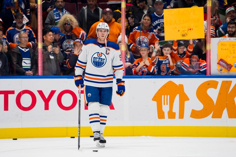 Nov 6, 2023; Vancouver, British Columbia, CAN; Edmonton Oilers forward Connor McDavid (97) waits to shoot during warm up prior to a game against the Vancouver Canucks at Rogers Arena. Mandatory Credit: Bob Frid-USA TODAY Sports