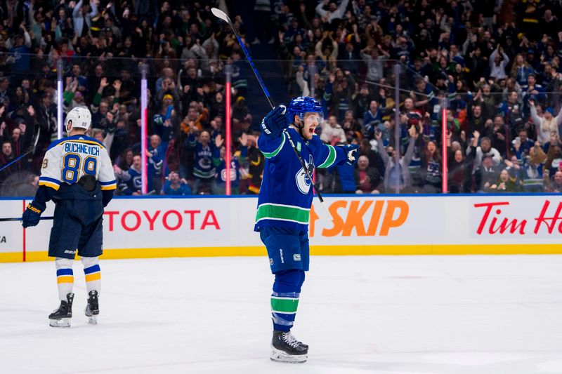 Jan 24, 2024; Vancouver, British Columbia, CAN; Vancouver Canucks forward Pius Suter (24) celebrates his third goal of the game against the St. Louis Blues in the third period at Rogers Arena. Blues 4-3 in overtime. Mandatory Credit: Bob Frid-USA TODAY Sports