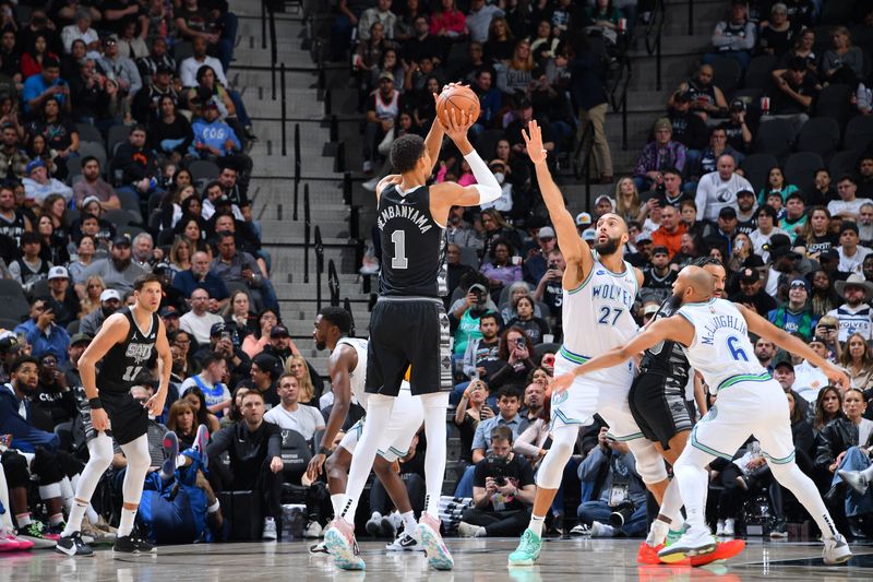 SAN ANTONIO, TX - JANUARY 27: Victor Wembanyama #1 of the San Antonio Spurs shoots the ball during the game against the Minnesota Timberwolves on January 27, 2024 at the Frost Bank Center in San Antonio, Texas. NOTE TO USER: User expressly acknowledges and agrees that, by downloading and or using this photograph, user is consenting to the terms and conditions of the Getty Images License Agreement. Mandatory Copyright Notice: Copyright 2024 NBAE (Photos by Michael Gonzales/NBAE via Getty Images)