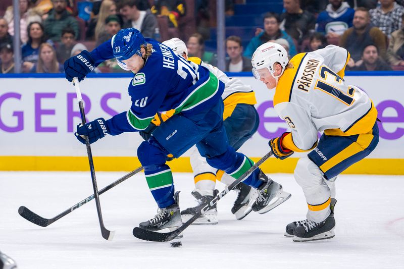 Nov 17, 2024; Vancouver, British Columbia, CAN; Nashville Predators forward Juuso Parssinen (13) stick checks Vancouver Canucks forward Danton Heinen (20) during the second period at Rogers Arena. Mandatory Credit: Bob Frid-Imagn Images