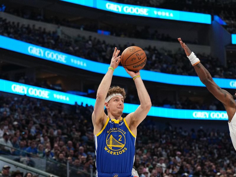 DALLAS, TX - MARCH 13: Brandin Podziemski #2 of the Golden State Warriors shoots the ball during the game against the Dallas Mavericks on March 13, 2024 at the American Airlines Center in Dallas, Texas. NOTE TO USER: User expressly acknowledges and agrees that, by downloading and or using this photograph, User is consenting to the terms and conditions of the Getty Images License Agreement. Mandatory Copyright Notice: Copyright 2024 NBAE (Photo by Glenn James/NBAE via Getty Images)