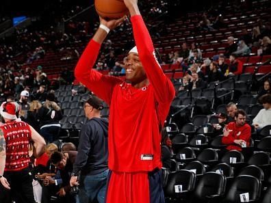 PORTLAND, OR - DECEMBER 21: Bilal Coulibaly #0 of the Washington Wizards warms up before the game against the Portland Trail Blazers on December 21, 2023 at the Moda Center Arena in Portland, Oregon. NOTE TO USER: User expressly acknowledges and agrees that, by downloading and or using this photograph, user is consenting to the terms and conditions of the Getty Images License Agreement. Mandatory Copyright Notice: Copyright 2023 NBAE (Photo by Cameron Browne/NBAE via Getty Images)