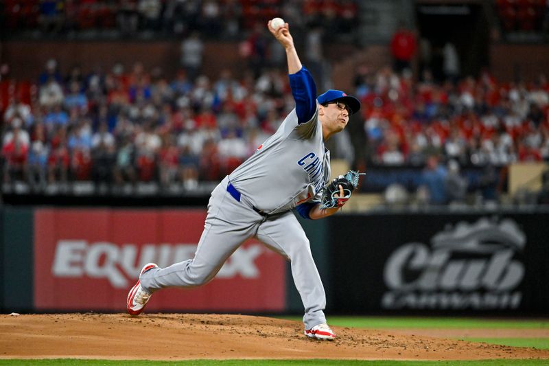 May 26, 2024; St. Louis, Missouri, USA;  Chicago Cubs starting pitcher Javier Assad (72) pitches against the St. Louis Cardinals during the first inning at Busch Stadium. Mandatory Credit: Jeff Curry-USA TODAY Sports