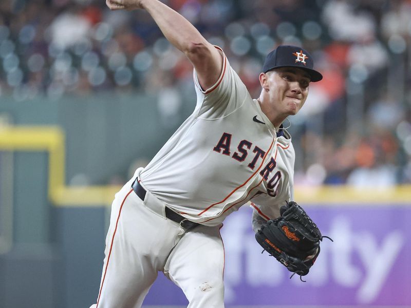 May 22, 2024; Houston, Texas, USA; Houston Astros starting pitcher Hunter Brown (58) delivers a pitch during the fifth inning against the Los Angeles Angels at Minute Maid Park. Mandatory Credit: Troy Taormina-USA TODAY Sports
