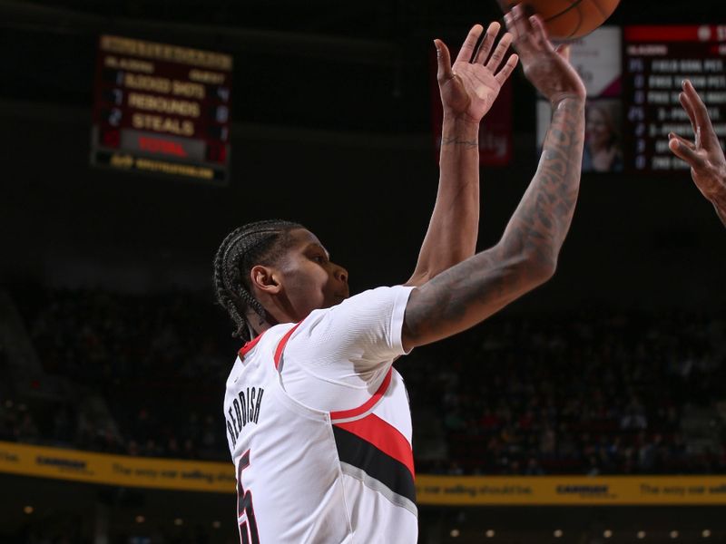 PORTLAND, OR - MARCH 24:  Cam Reddish #5 of the Portland Trail Blazers shoots the ball during the game on March 24, 2023 at the Moda Center Arena in Portland, Oregon. NOTE TO USER: User expressly acknowledges and agrees that, by downloading and or using this photograph, user is consenting to the terms and conditions of the Getty Images License Agreement. Mandatory Copyright Notice: Copyright 2023 NBAE (Photo by Cameron Browne/NBAE via Getty Images)