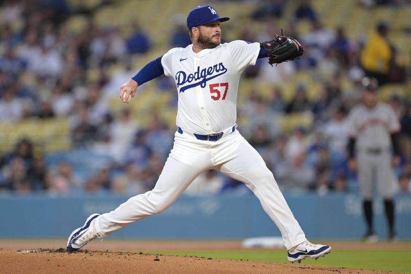 Apr 2, 2024; Los Angeles, California, USA;  Los Angeles Dodgers relief pitcher Ryan Brasier (57) delivers in the first inning at Dodger Stadium. Mandatory Credit: Jayne Kamin-Oncea-USA TODAY Sports