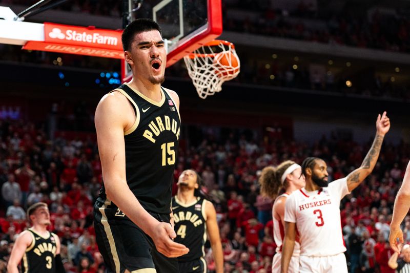 Jan 9, 2024; Lincoln, Nebraska, USA; Purdue Boilermakers center Zach Edey (15) reacts after drawing a foul against the Nebraska Cornhuskers during the second half at Pinnacle Bank Arena. Mandatory Credit: Dylan Widger-USA TODAY Sports