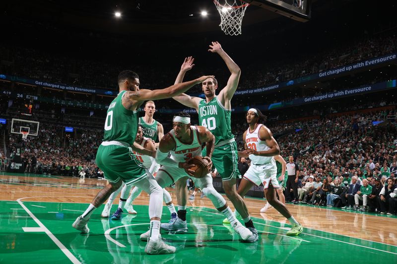 BOSTON, MA - OCTOBER 22: Josh Hart #3 of the New York Knicks handles the ball during the game against the Boston Celtics on October 22, 2024 at TD Garden in Boston, Massachusetts. NOTE TO USER: User expressly acknowledges and agrees that, by downloading and or using this Photograph, user is consenting to the terms and conditions of the Getty Images License Agreement. Mandatory Copyright Notice: Copyright 2024 NBAE (Photo by Nathaniel S. Butler/NBAE via Getty Images)