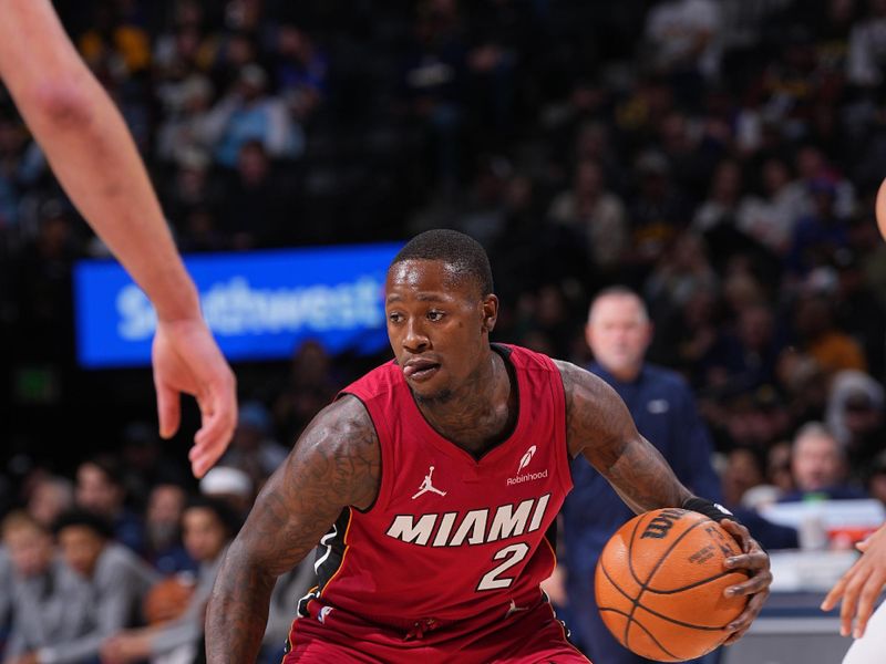 DENVER, CO - NOVEMBER 8: Terry Rozier #2 of the Miami Heat dribbles the ball during the game against the Denver Nuggets on November 8, 2024 at Ball Arena in Denver, Colorado. NOTE TO USER: User expressly acknowledges and agrees that, by downloading and/or using this Photograph, user is consenting to the terms and conditions of the Getty Images License Agreement. Mandatory Copyright Notice: Copyright 2024 NBAE (Photo by Bart Young/NBAE via Getty Images)