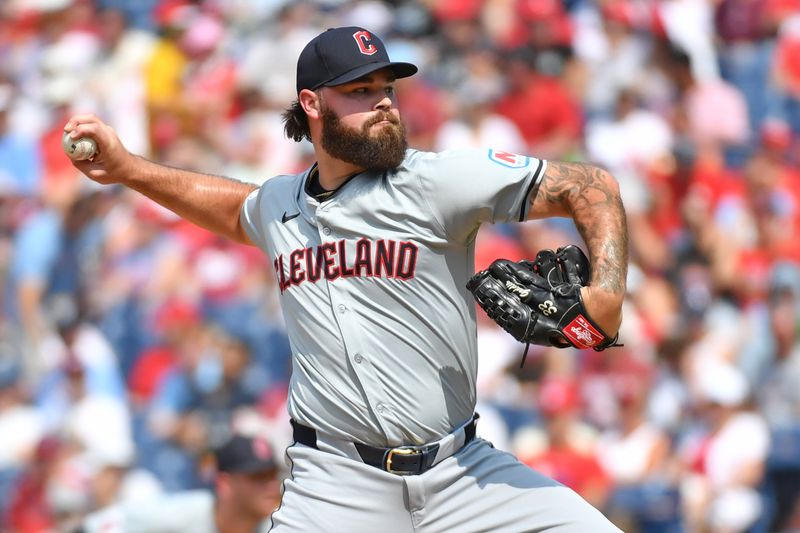 Jul 28, 2024; Philadelphia, Pennsylvania, USA; Cleveland Guardians pitcher Hunter Gaddis (33) throws a pitch against the Philadelphia Phillies during the seventh inning at Citizens Bank Park. Mandatory Credit: Eric Hartline-USA TODAY Sports
