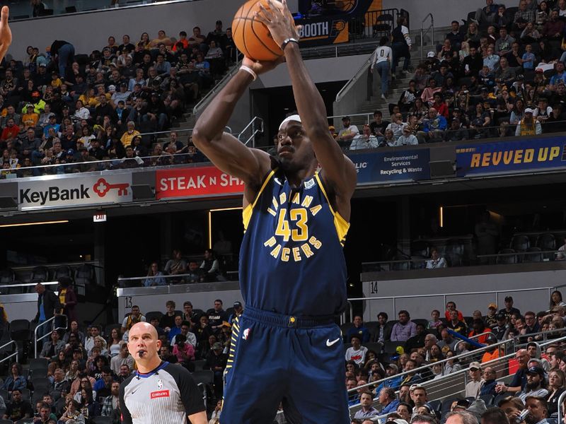 INDIANAPOLIS, IN - APRIL 1: Pascal Siakam #43 of the Indiana Pacers shoots the ball during the game against the Brooklyn Nets on April 1, 2024 at Gainbridge Fieldhouse in Indianapolis, Indiana. NOTE TO USER: User expressly acknowledges and agrees that, by downloading and or using this Photograph, user is consenting to the terms and conditions of the Getty Images License Agreement. Mandatory Copyright Notice: Copyright 2024 NBAE (Photo by Ron Hoskins/NBAE via Getty Images)