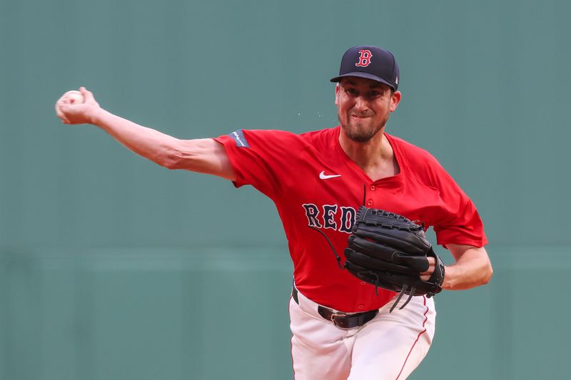 Jul 12, 2024; Boston, Massachusetts, USA; Boston Red Sox starting pitcher Cooper Criswell (64) throws a pitch during the first inning against the Kansas City Royals at Fenway Park. Mandatory Credit: Paul Rutherford-USA TODAY Sports