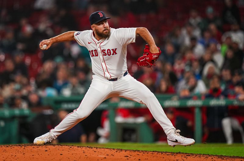 Jun 10, 2025; Boston, Massachusetts, USA; Boston Red Sox pitcher Greg Weissert (57) throws a pitch against the Tampa Bay Rays in the ninth inning at Fenway Park. Mandatory Credit: David Butler II-Imagn Images