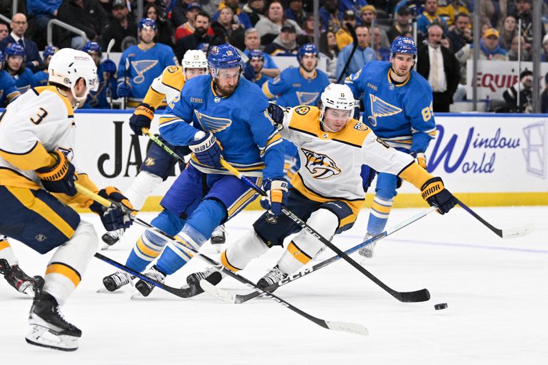 Feb 17, 2024; St. Louis, Missouri, USA; Nashville Predators center Cody Glass (8) battles St. Louis Blues right wing Kevin Hayes (12) during the second period at Enterprise Center. Mandatory Credit: Jeff Le-USA TODAY Sports