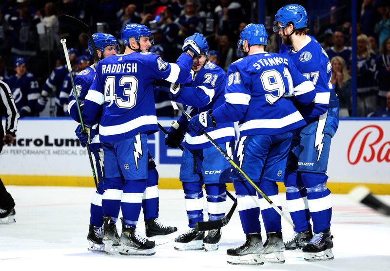 Jan 18, 2024; Tampa, Florida, USA; Tampa Bay Lightning center Brayden Point (21) is congratulated by center Steven Stamkos (91), defenseman Darren Raddysh (43), right wing Nikita Kucherov (86) and defenseman Victor Hedman (77) after scoring against the Minnesota Wild during the first period at Amalie Arena. Mandatory Credit: Kim Klement Neitzel-USA TODAY Sports