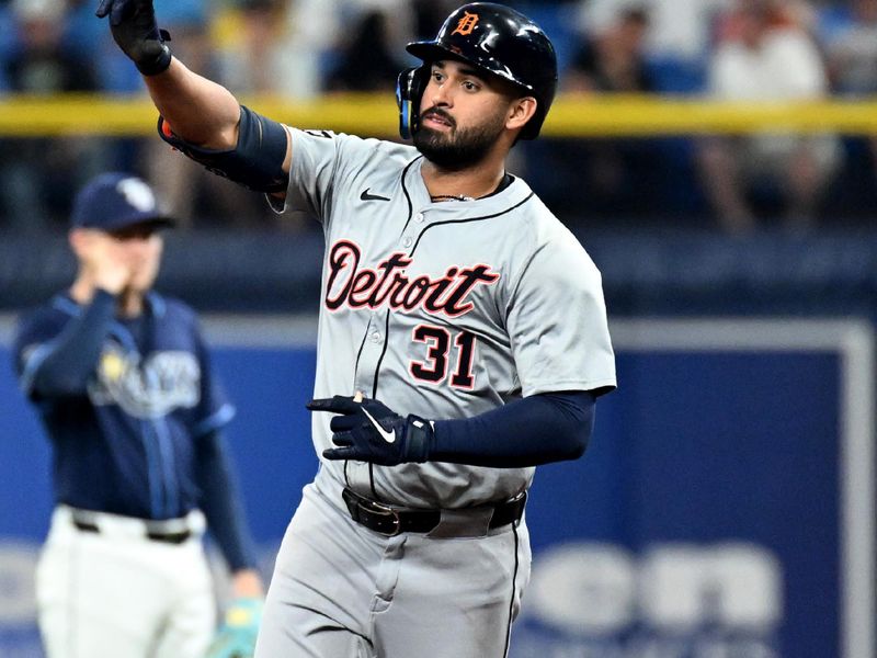 Apr 23, 2024; St. Petersburg, Florida, USA; Detroit Tigers designated hitter Riley Greene (31) celebrates after hitting a solo home run in the third inning against the Tampa Bay Rays at Tropicana Field. Mandatory Credit: Jonathan Dyer-USA TODAY Sports