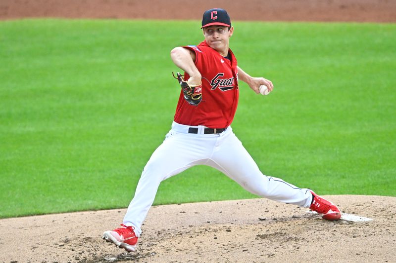 Sep 2, 2023; Cleveland, Ohio, USA; Cleveland Guardians starting pitcher Logan Allen (41) delivers against the Tampa Bay Rays in the second inning at Progressive Field. Mandatory Credit: David Richard-USA TODAY Sports