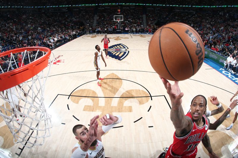 NEW ORLEANS, LA - FEBRUARY 25: DeMar DeRozan #11 of the Chicago Bulls shoots the ball during the game against the New Orleans Pelicans on February 25, 2024 at the Smoothie King Center in New Orleans, Louisiana. NOTE TO USER: User expressly acknowledges and agrees that, by downloading and or using this Photograph, user is consenting to the terms and conditions of the Getty Images License Agreement. Mandatory Copyright Notice: Copyright 2024 NBAE (Photo by Layne Murdoch Jr./NBAE via Getty Images)