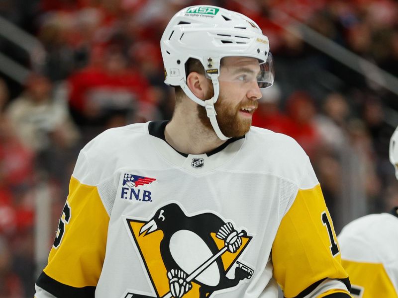Jan 3, 2026; Detroit, Michigan, USA; Pittsburgh Penguins right wing Justin Brazeau (16) looks on during the first period against the Detroit Red Wings at Little Caesars Arena. Mandatory Credit: Brian Bradshaw Sevald-Imagn Images