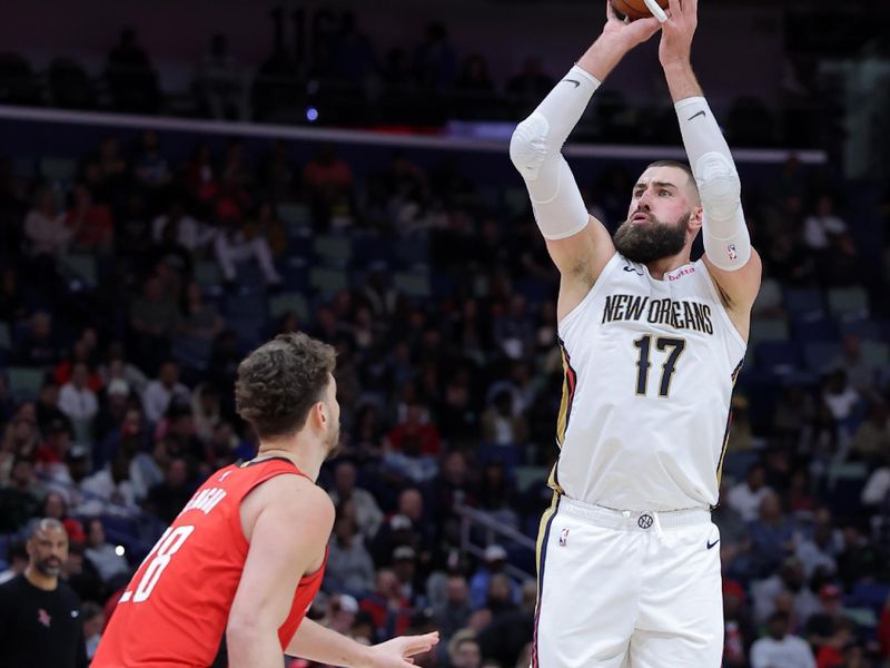 NEW ORLEANS, LOUISIANA - FEBRUARY 22: Jonas Valanciunas #17 of the New Orleans Pelicans shoots over Alperen Sengun #28 of the Houston Rockets during the second half at the Smoothie King Center on February 22, 2024 in New Orleans, Louisiana. NOTE TO USER: User expressly acknowledges and agrees that, by downloading and or using this Photograph, user is consenting to the terms and conditions of the Getty Images License Agreement. (Photo by Jonathan Bachman/Getty Images)