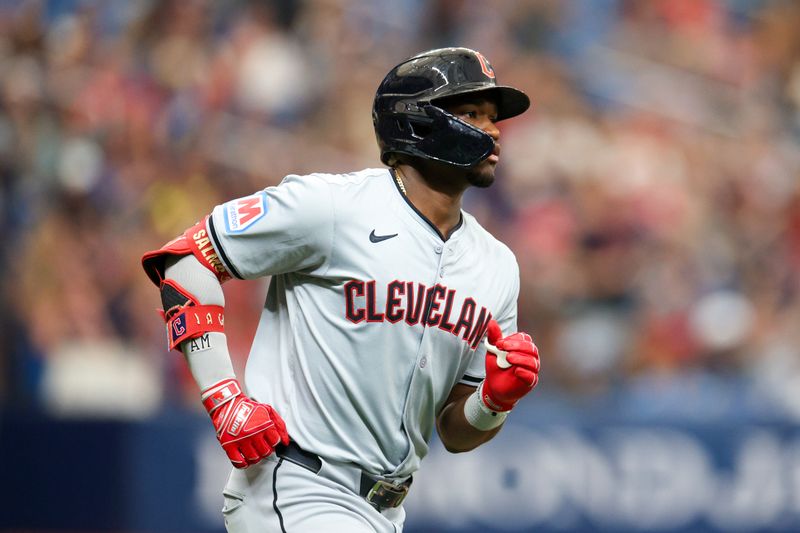 Jul 13, 2024; St. Petersburg, Florida, USA; Cleveland Guardians outfielder Angel Martinez (1) runs the bases after hitting a home run against the Tampa Bay Rays in the fifth inning at Tropicana Field. Mandatory Credit: Nathan Ray Seebeck-USA TODAY Sports