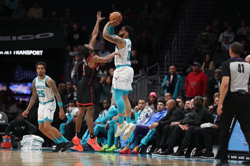 CHARLOTTE, NC - FEBRUARY 7:  Miles Bridges #0 of the Charlotte Hornets shoots a three point basket during the game against the Toronto Raptors on February 7, 2024 at Spectrum Center in Charlotte, North Carolina. NOTE TO USER: User expressly acknowledges and agrees that, by downloading and or using this photograph, User is consenting to the terms and conditions of the Getty Images License Agreement.  Mandatory Copyright Notice:  Copyright 2024 NBAE (Photo by Brock Williams-Smith/NBAE via Getty Images)